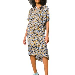 CHRISTIAN WIJNANTS 100% Silk Dipha Foliage Dress 10 42 L Blue Gold Midi Designsr